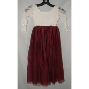 Girls Sz 5 White & Burgundy Christmas Holiday Lacy Open Back Tutu Maxi Dress